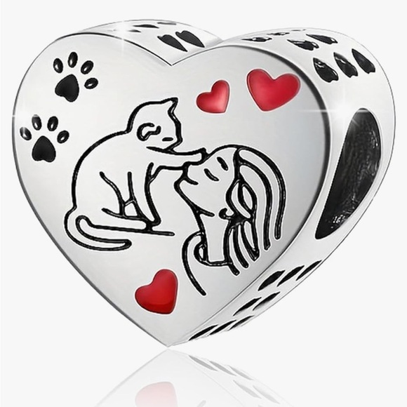 Sterling silver Heart-Shaped charm Love my cat kitty charm for Pandora bracelets - Picture 1 of 3